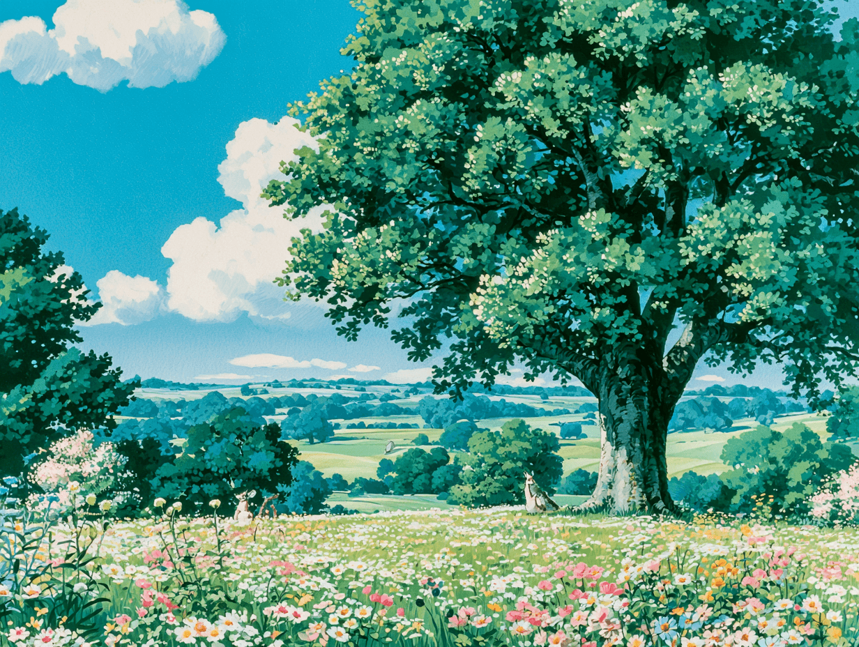 Campo de flores con un gran árbol