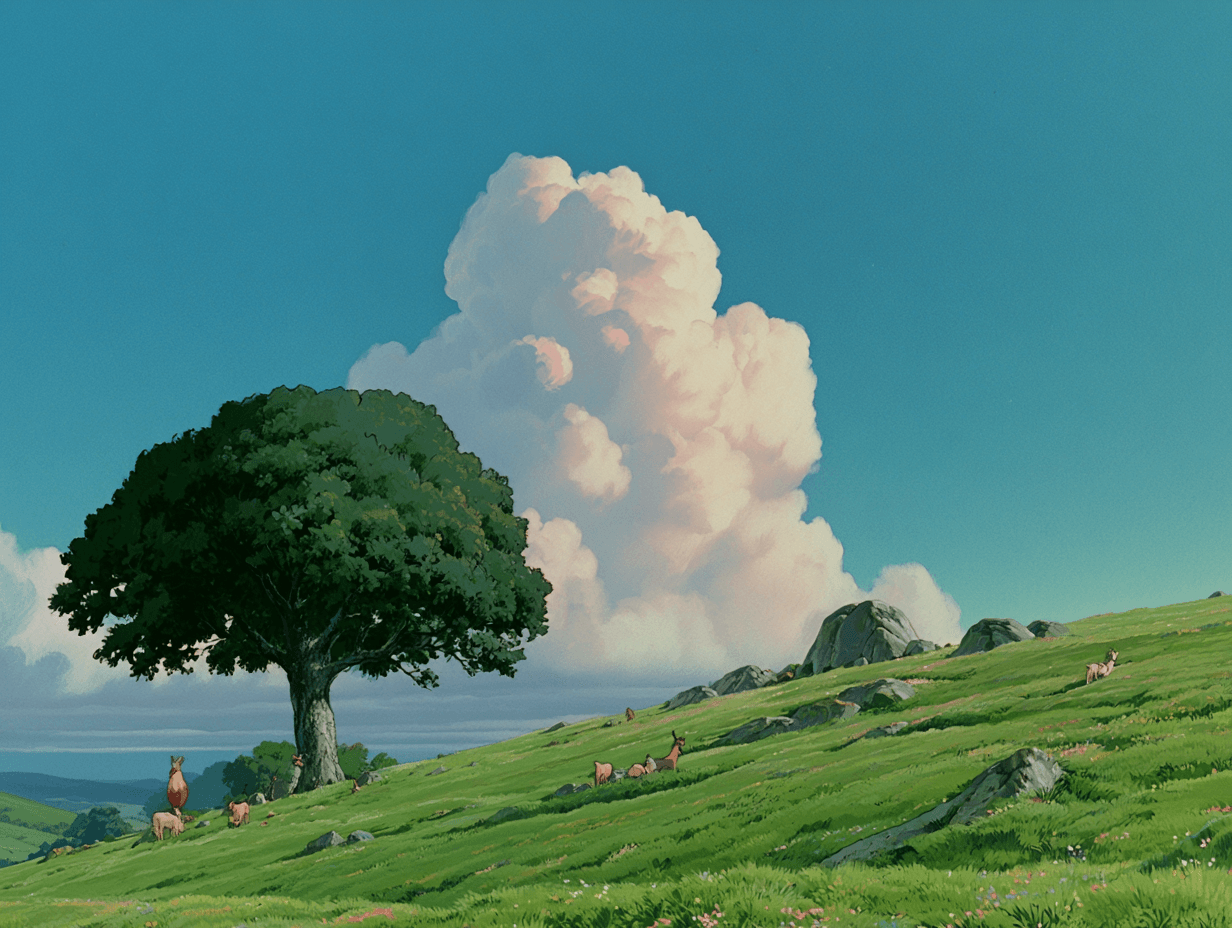 Colina verde con un árbol y grandes nubes